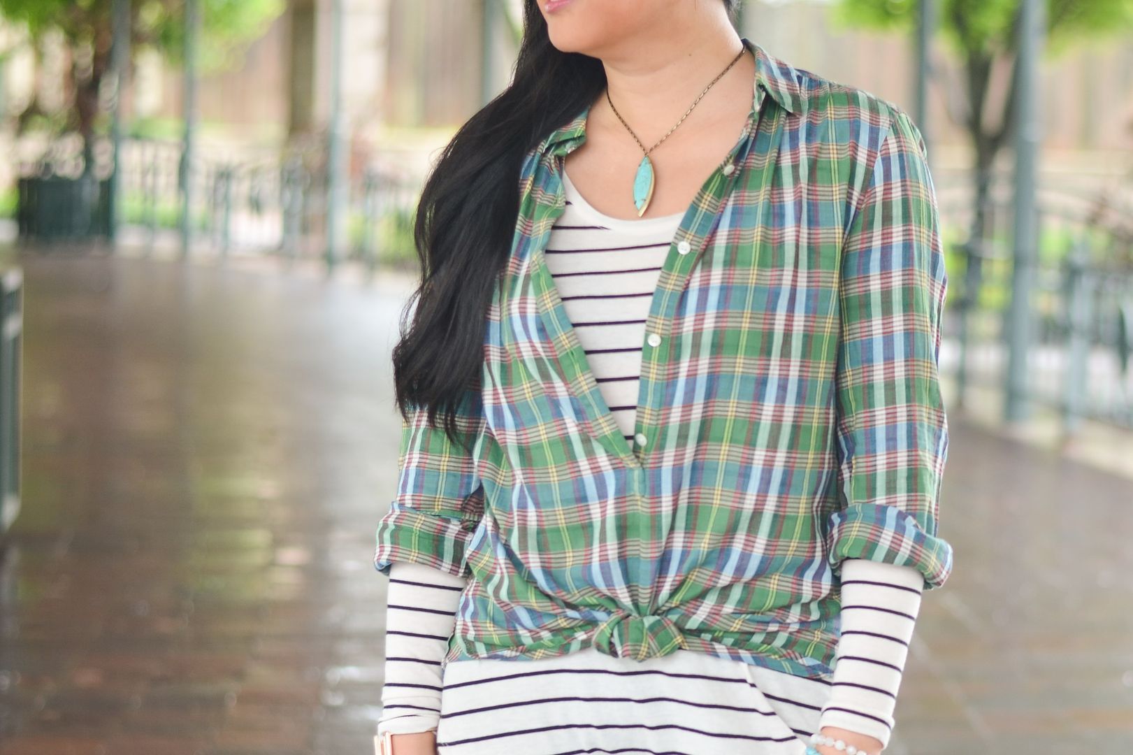 Plaid shirt over striped tee outfit