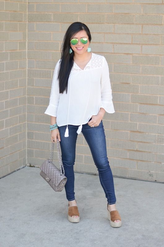 White eyelet top, turquoise jewelry, marc fisher adalyn wedges outfit