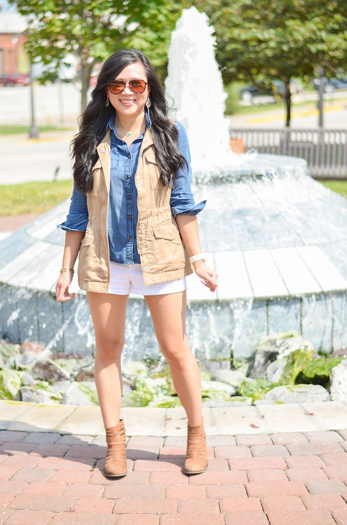 Utility vest, chambray, white shorts outfit, Free people "hybrid" booties