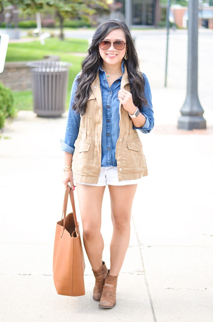 Utility vest, chambray, white shorts outfit, Free people "hybrid" booties