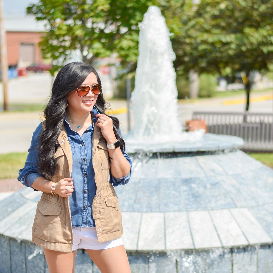 Utility vest, chambray, white shorts outfit