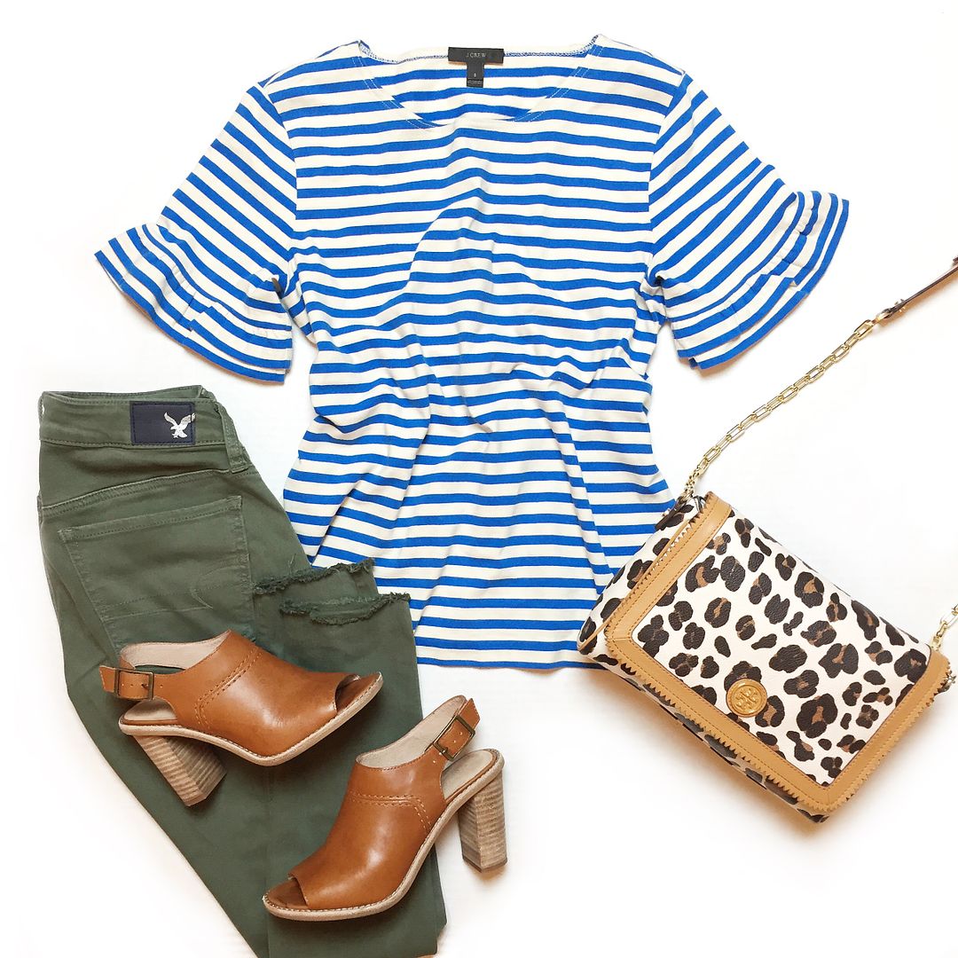 Blue striped top and olive pants outfit