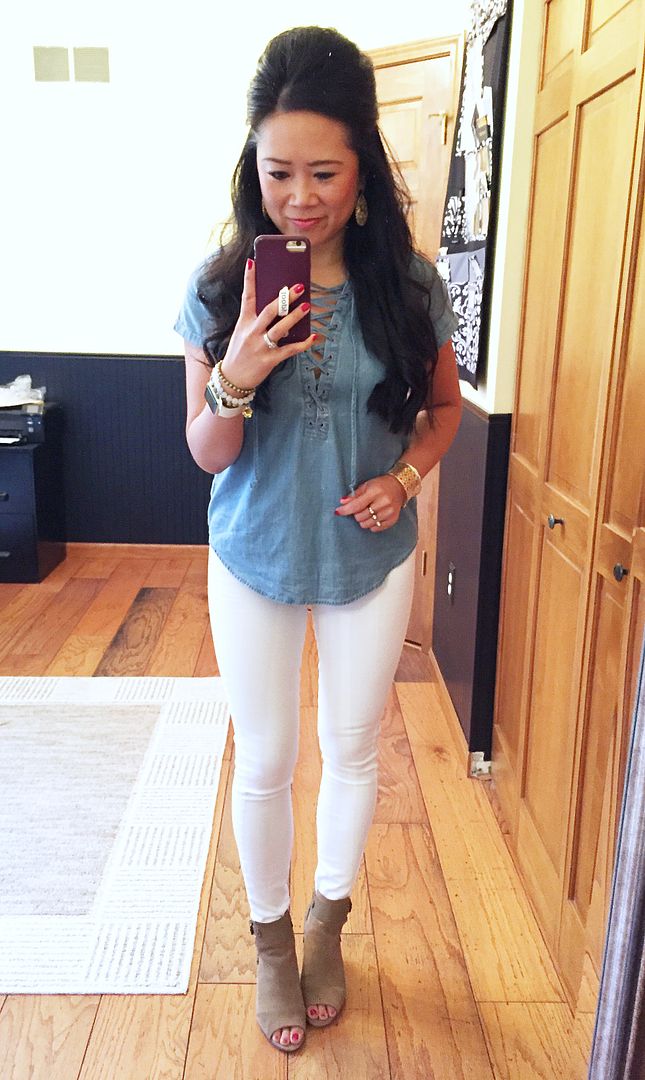 Chambray top and white jeans outfit
