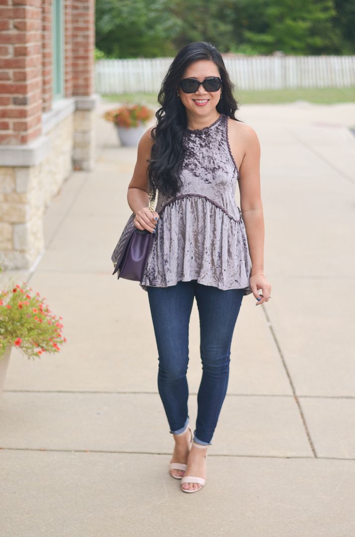 Crushed velvet babydoll tank and Joe's Jeans outfit