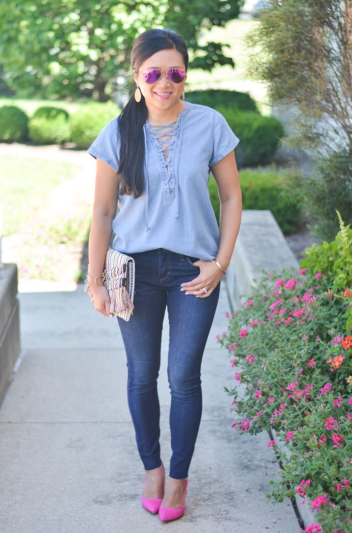 Chambray and jeans outfit with pointy toe pumps