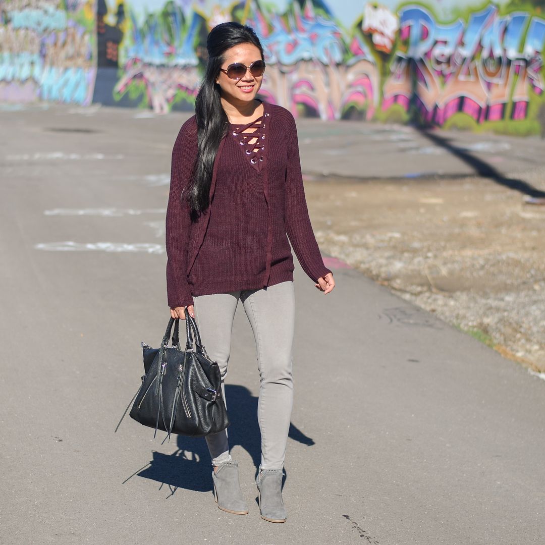 Burgundy and grey outfit