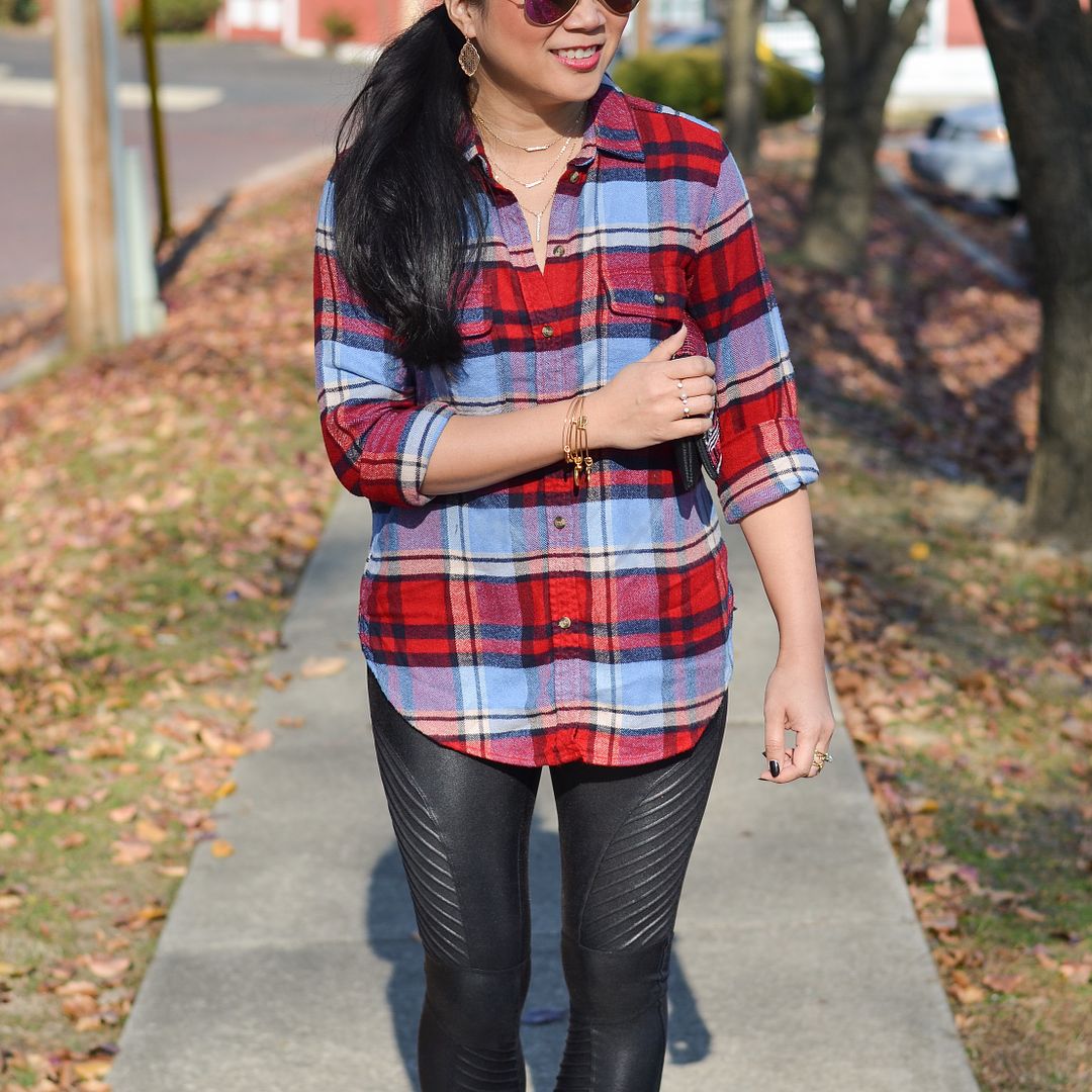 Flannel and spanx moto leggings outfit