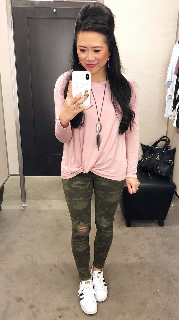 blush and camo pants outfit