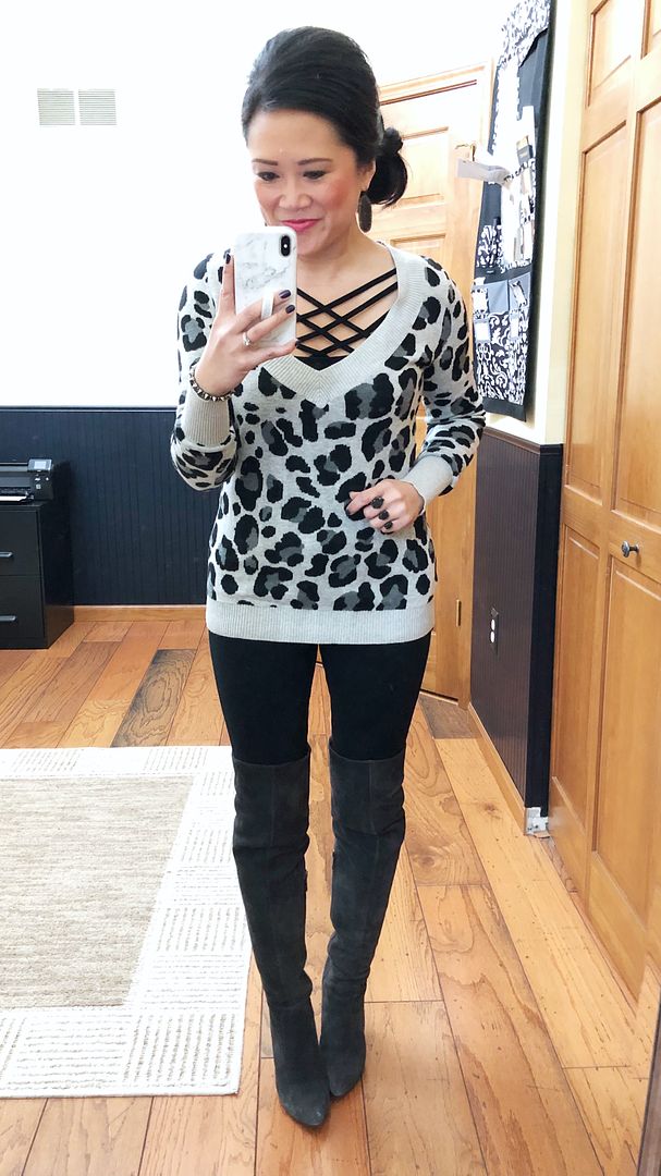 Strappy cami with leopard sweater outfit and over the knee boots