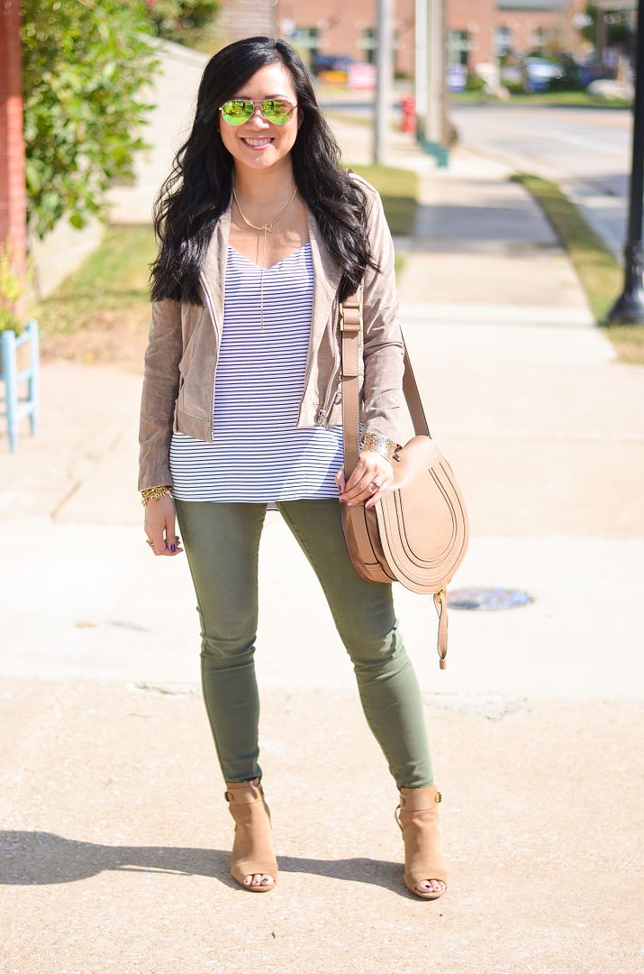 Taupe suede moto jacket, striped cami, olive jeans outfit