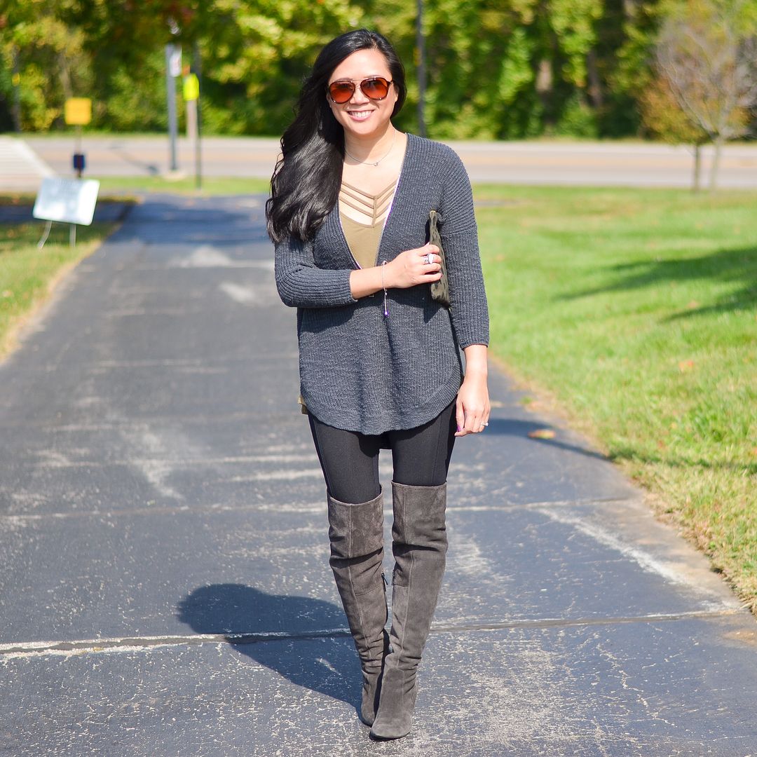 Express v-neck zip up sweater, express strappy cami, Over the knee boots outfit