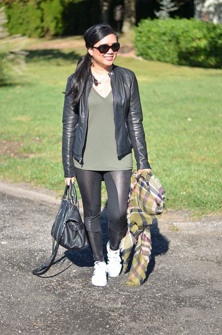 Adidas superstar outfit with leggings, moto jacket, Express One Eleven V-neck tee, and a blanket scarf