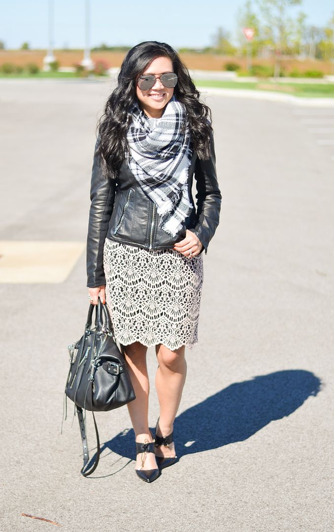 Modcloth plaid blanket scarf, Express minus the leather jacket, Halogen lace pencil skirt