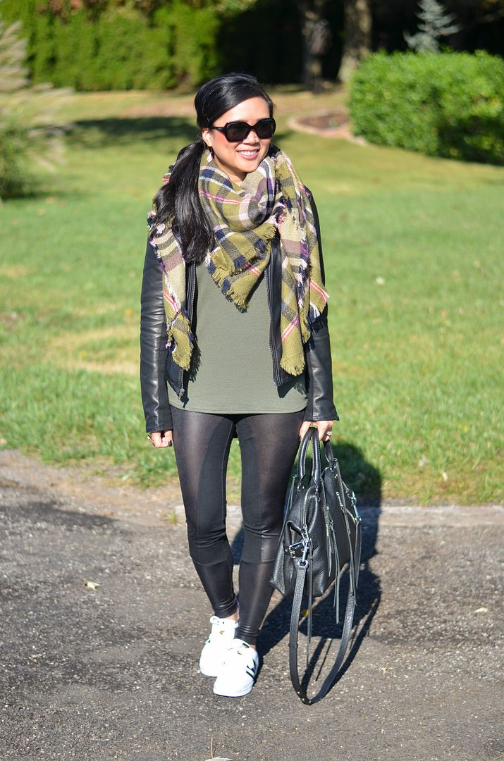 Adidas superstar outfit with leggings, moto jacket, and a blanket scarf
