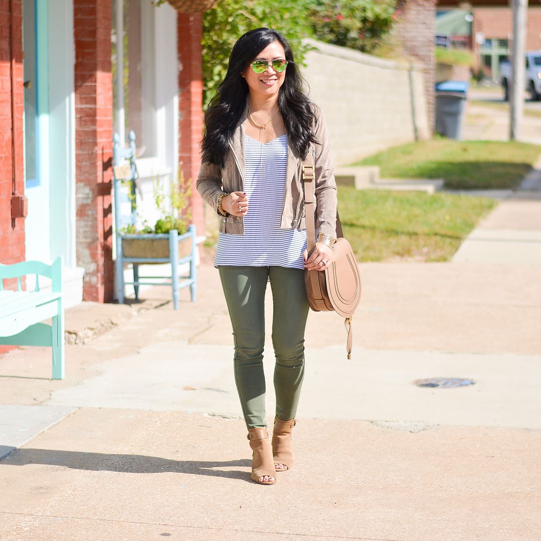 Taupe suede moto jacket, striped cami, olive jeans outfit