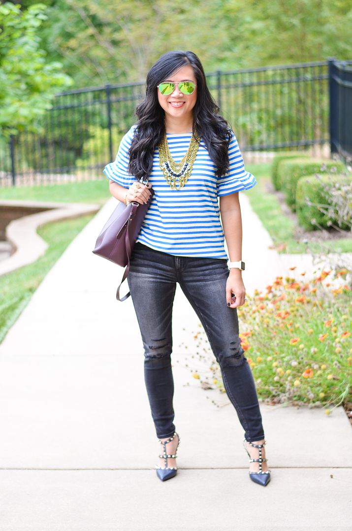 holiday style, black skinnies and blue stripe top, statement necklace