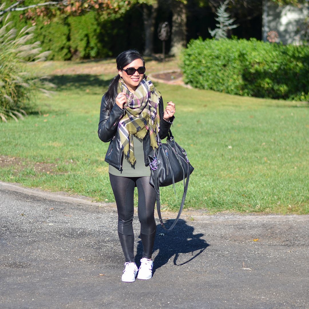 Adidas superstar outfit with leggings, moto jacket, and a blanket scarf