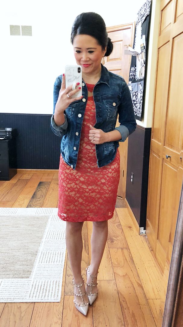 lace dress and denim jacket outfit