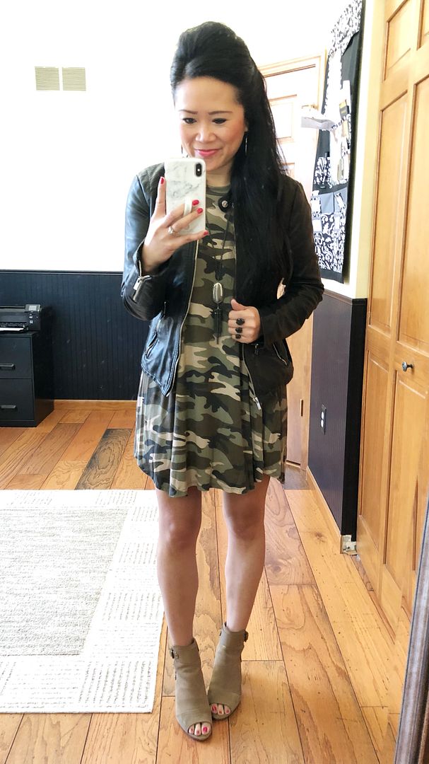 camo dress and moto jacket outfit