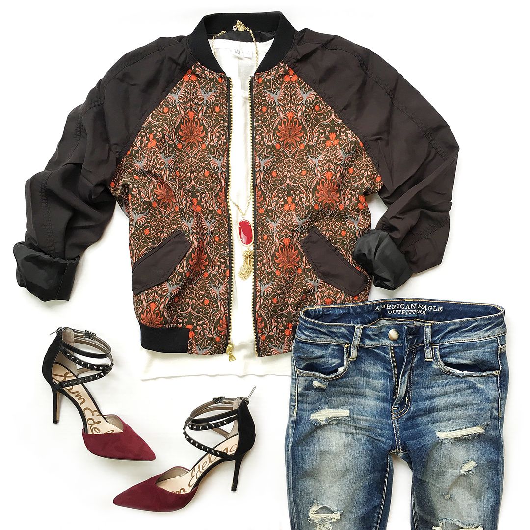 outfit flat lay, floral bomber jacket