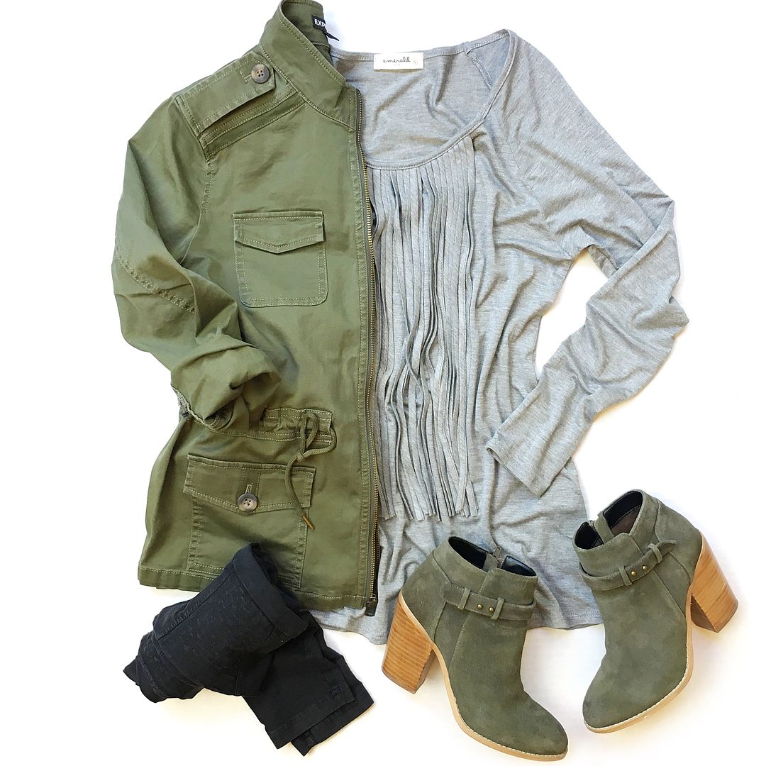 Express military jacket outfit, CS Gems fringe top