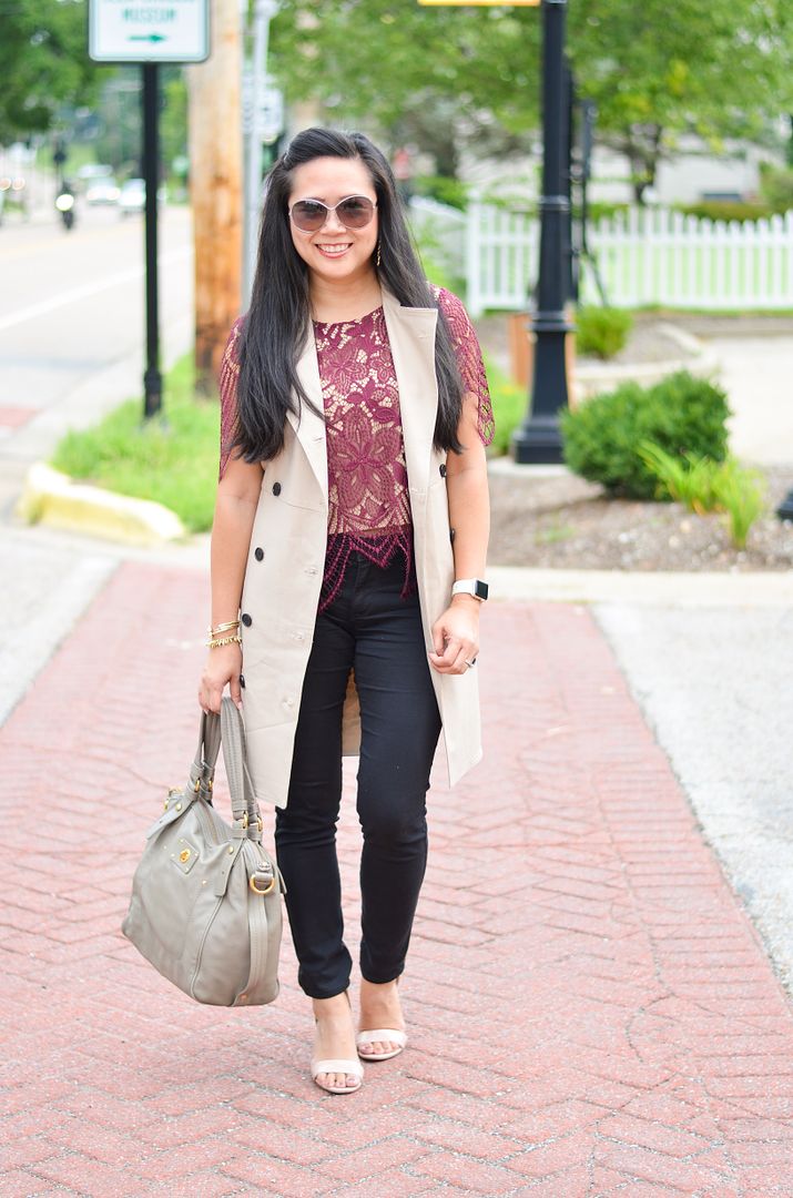 Express all over lace tee, Ann Taylor trench dress