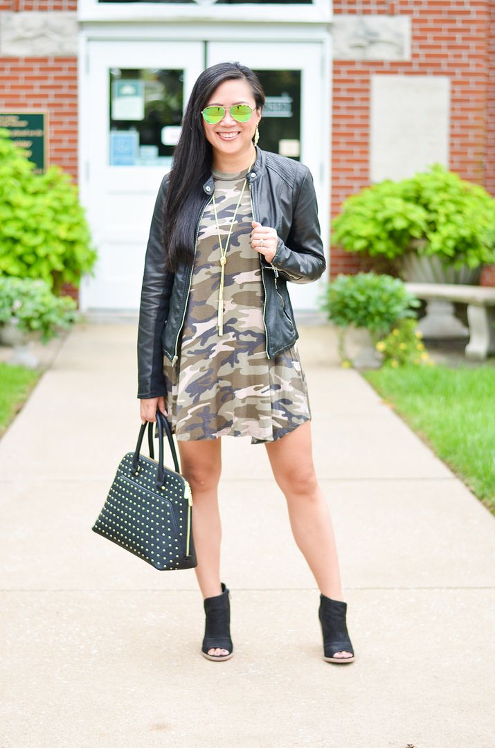 Express minus the leather moto jacket, Evereve Camo dress, Vince Camuto Kathleen booties