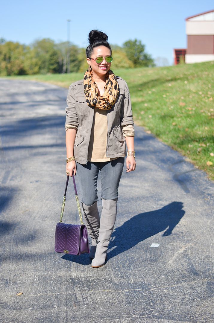 Grey and tan outfit, Leopard scarf, Sole Society Over the knee boot