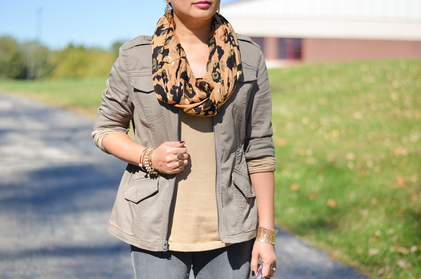 Grey and tan outfit, Leopard scarf