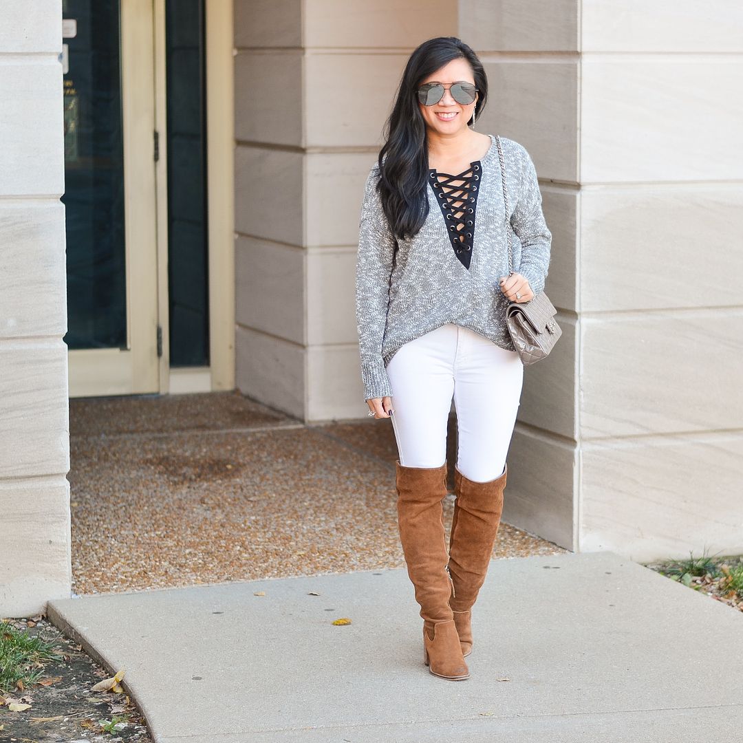 Express "lace-up high-lo sweater", Dolce Vita over the knee boots, white jeans for fall