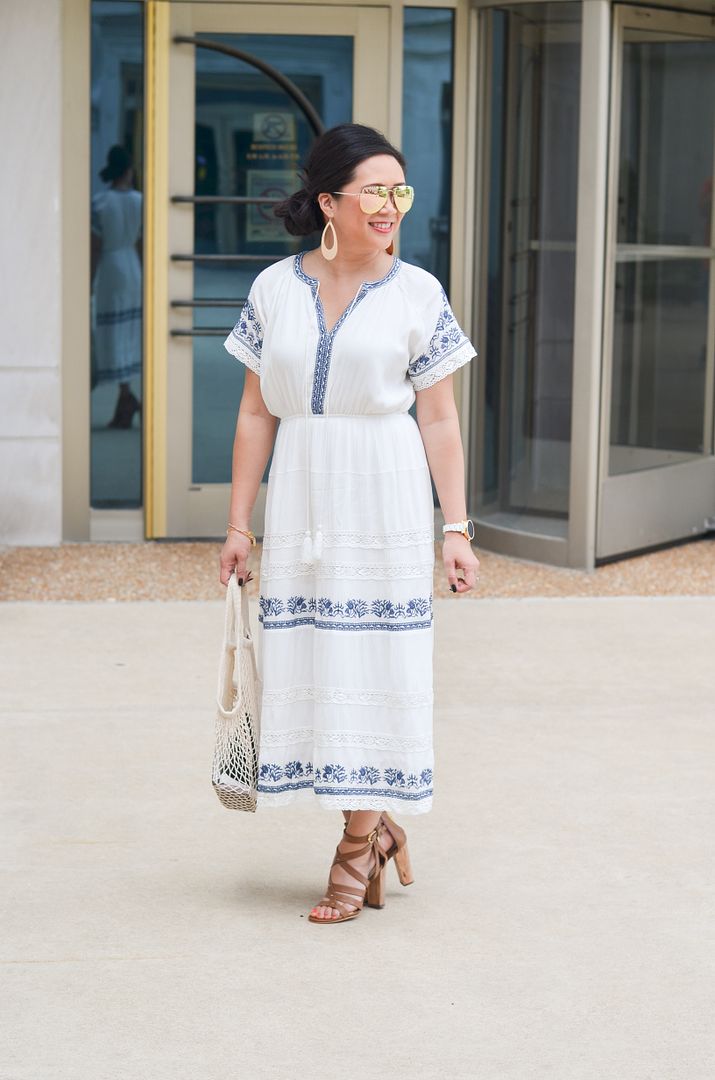 Embroidered maxi dress and cognac sandals brunch outfit