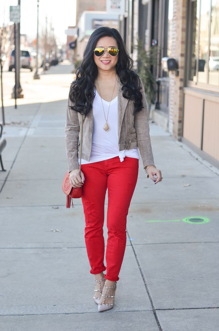 Moto jacket and red pants
