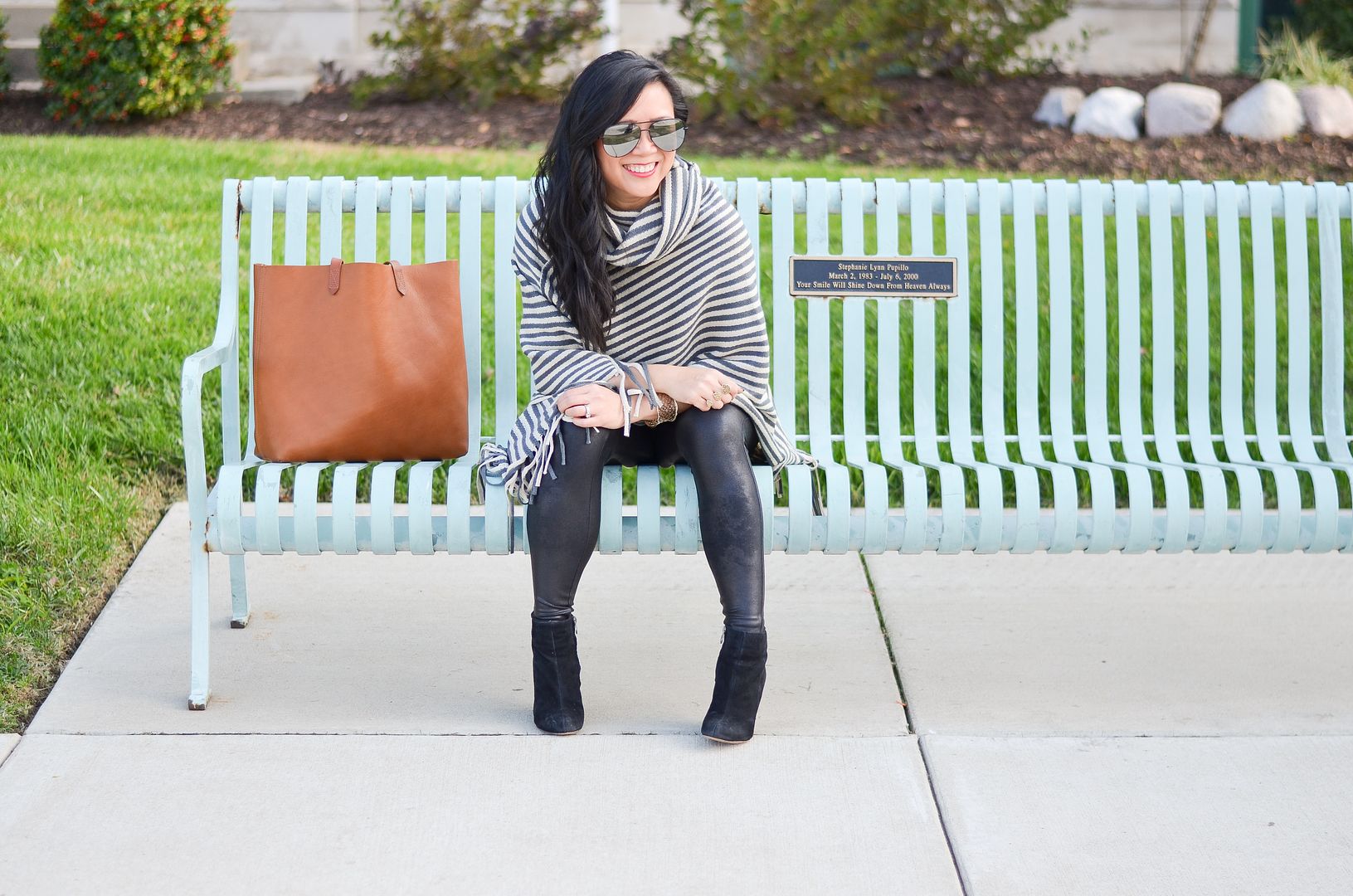 Stripe cowl neck poncho, Spanx faux leather leggings, Madewell transport tote
