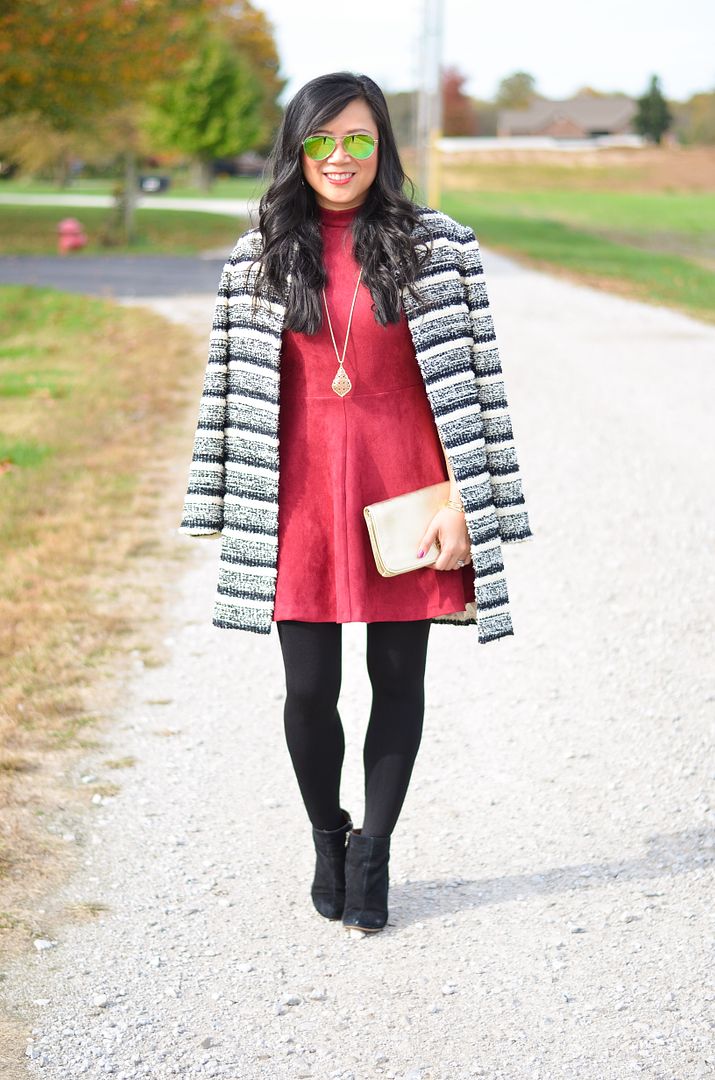 holiday style, faux suede dress, booties