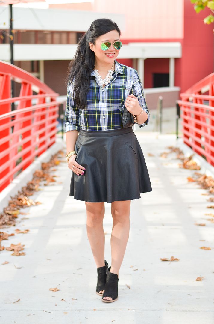 Plaid and leopard outfit, faux leather skirt outfit