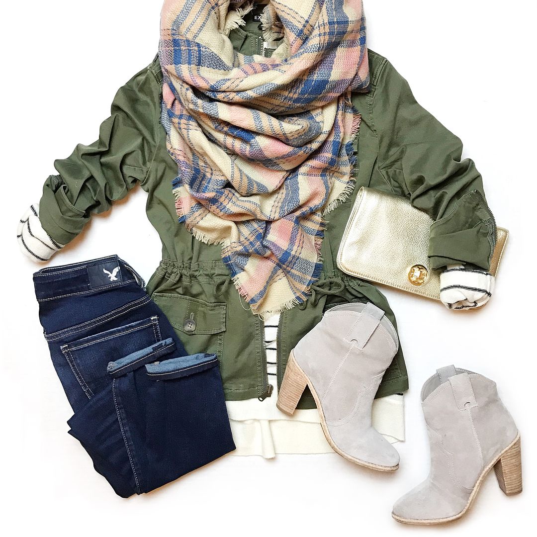 Blanket scarf and military jacket outfit