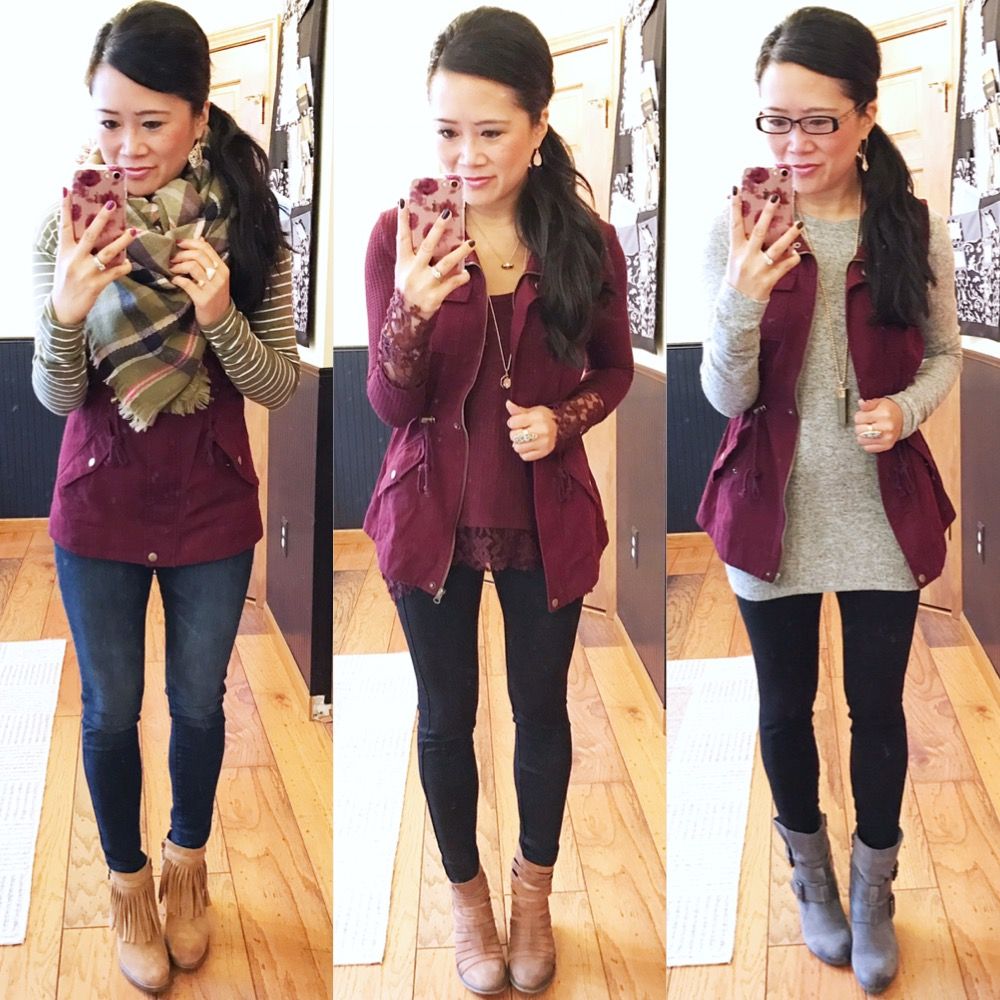 American Rag wine colored vest outfit ideas