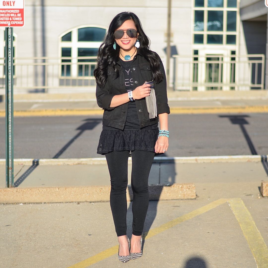 Gap black denim jacket, graphic tee over lace tunic, and leggings outfit
