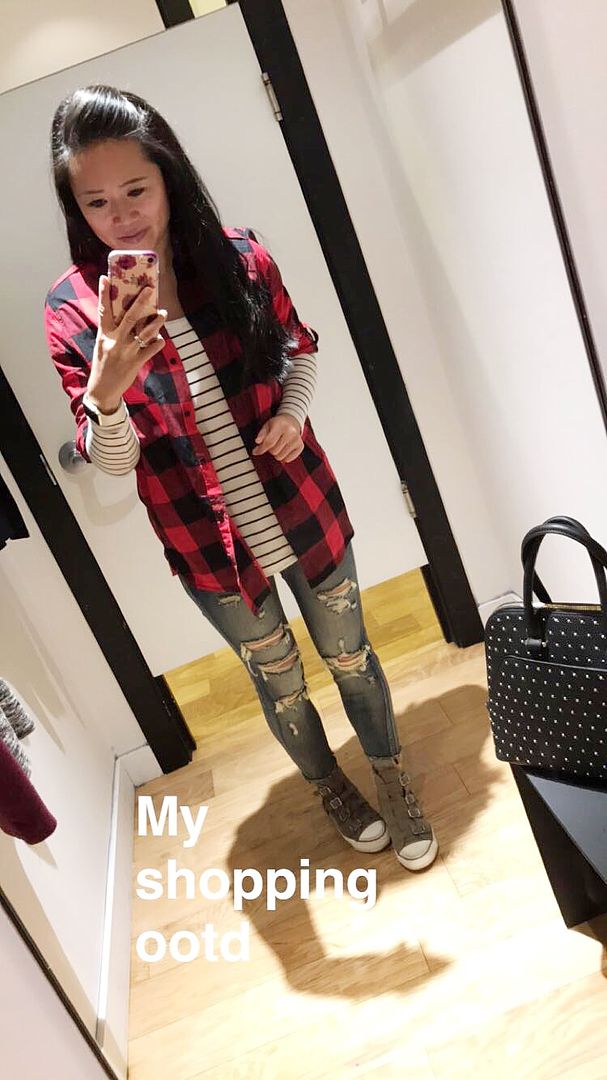 Buffalo plaid top over stripe tee with destroyed denim outfit
