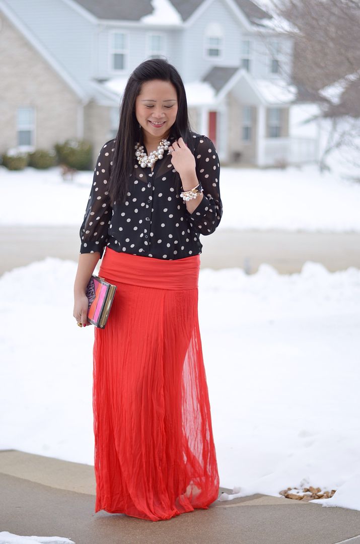 how to wear red, black dot top, red maxi skirt