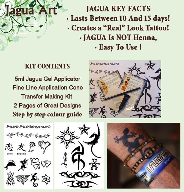 Henna tattoos are brown and originate from India and the Middle East; Jagua tattoos are near black and originate from South America.