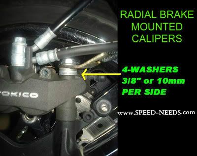 Radial brake caliper shims for lowering straps, www.SPEED-NEEDS.com this is all you need to do to make lowering straps work on bikes with radial brake mounted front calipers. Save your money and don't waste it on expensive caliper brackets that just add more weight.