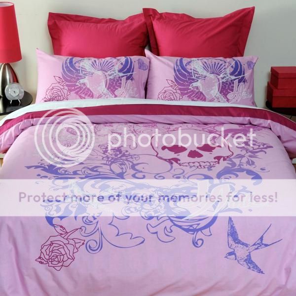 LA INK Pink/Lilac Skull/Birds DOUBLE Quilt Cover Set  